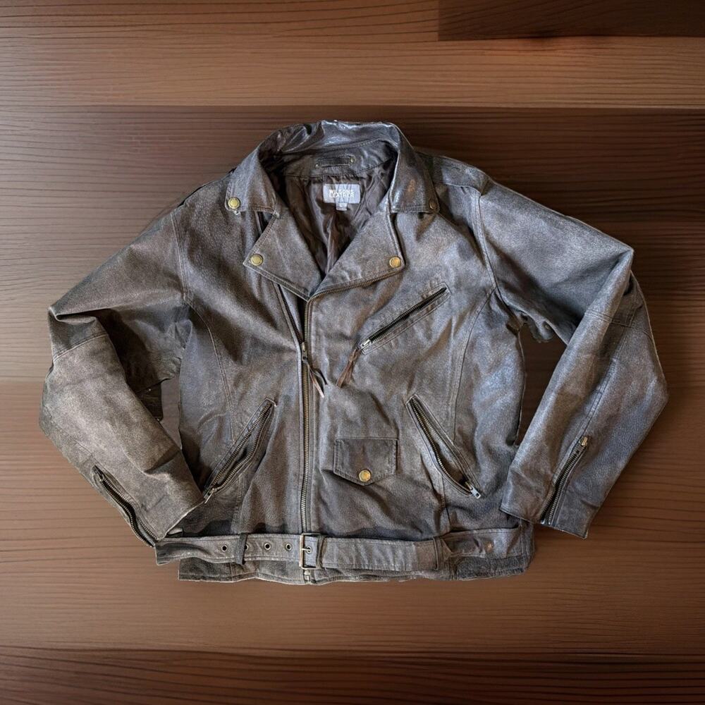 Vtg 90s Wilsons Leather Sz L Brown Distressed Genuine Leather Moto Biker Jacket